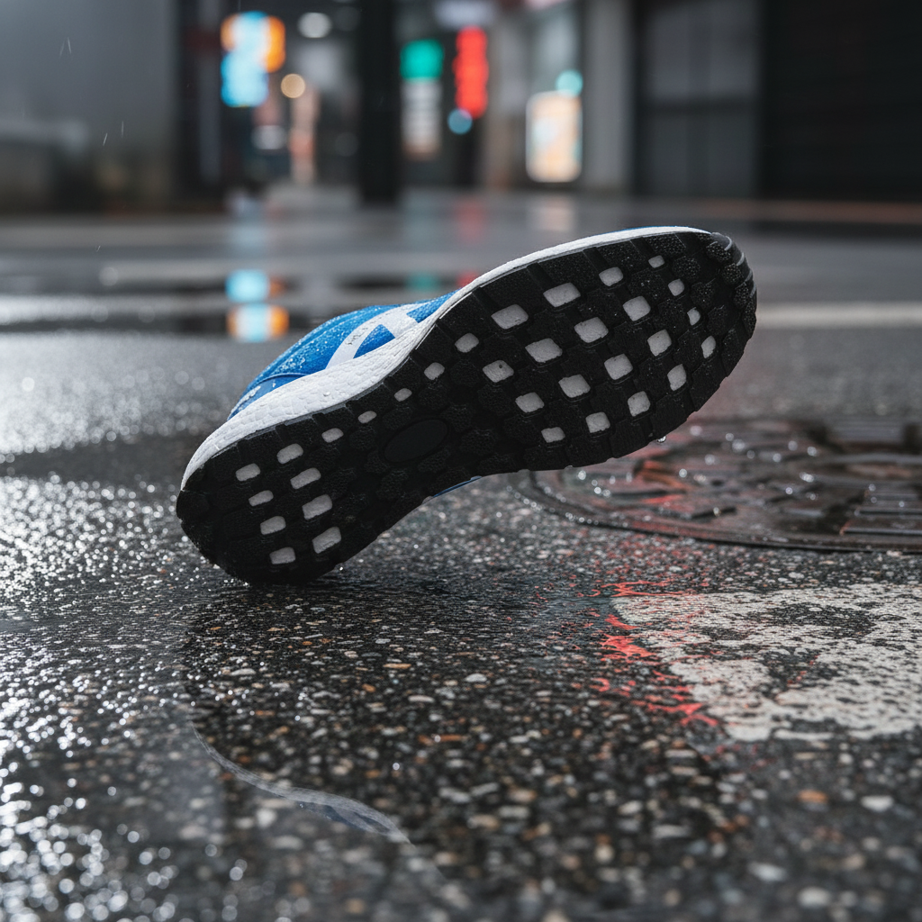 Zapatillas K-Rookie Azul sobre asfalto hœmedo