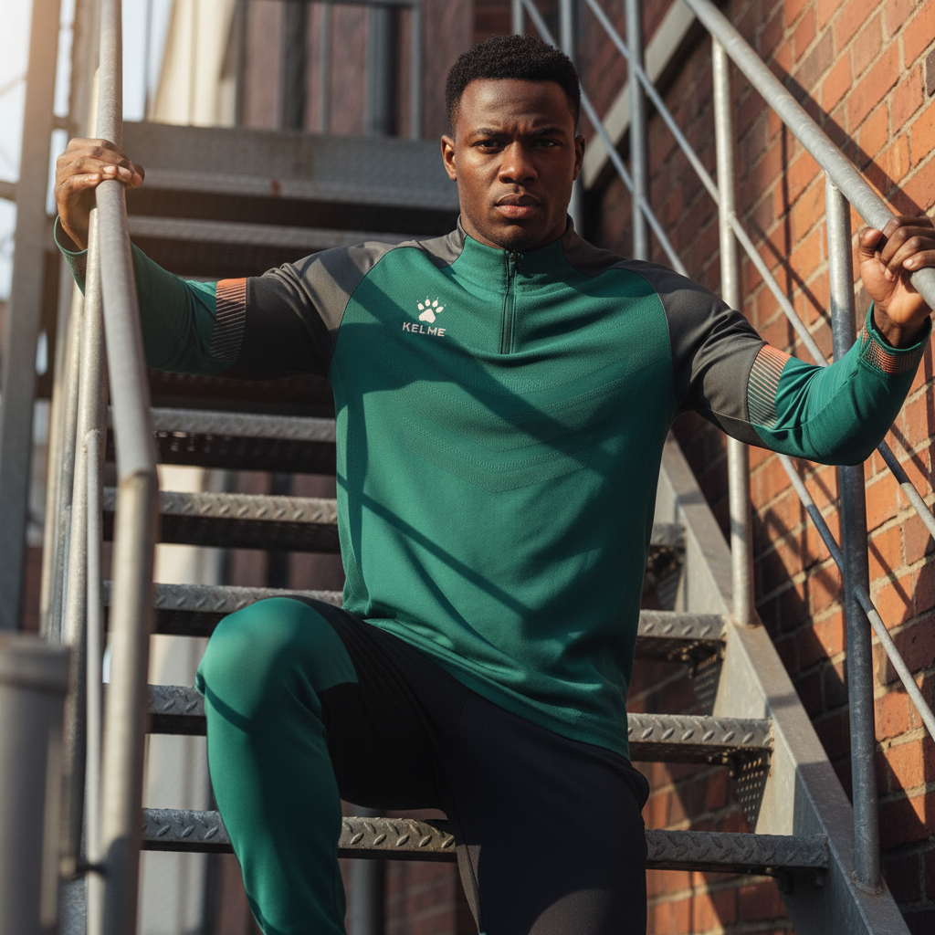 Sudadera KELME Warrior Verde en escalera met‡lica de emergencia