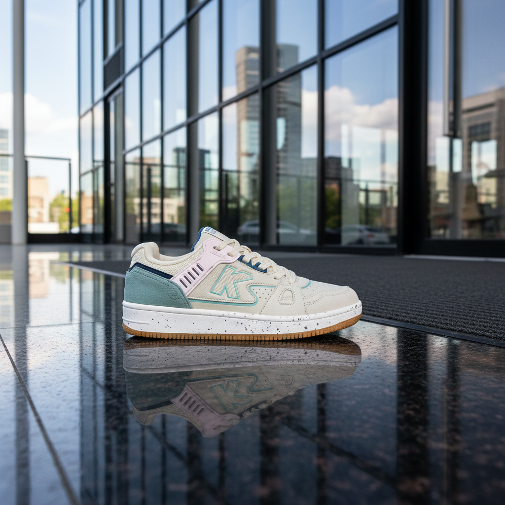 Zapatillas Casual Doha Marr—n en entrada de edificio moderno de vidrio