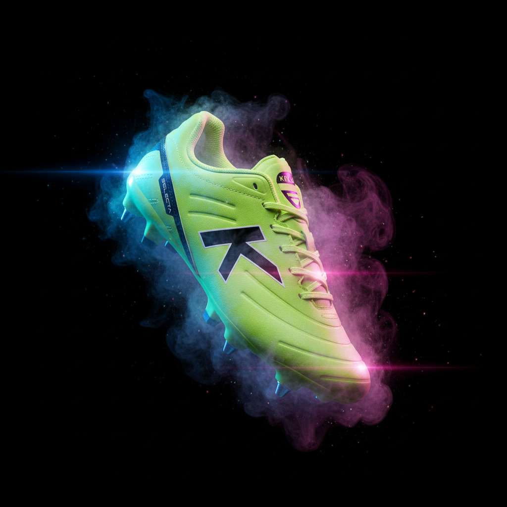 Botas de Fútbol Selecta SG lima suspendidas con humo y luces cyberpunk
