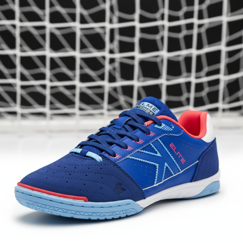 Zapatillas de Fútbol sala Elite azul con red de porter’a al fondo