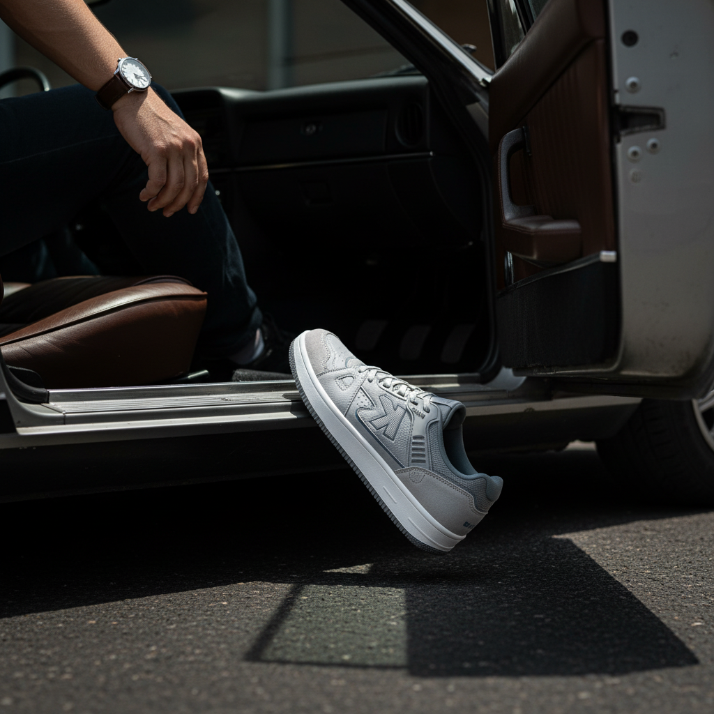 Zapatillas Casual Doha Gris saliendo de coche clásico vintage