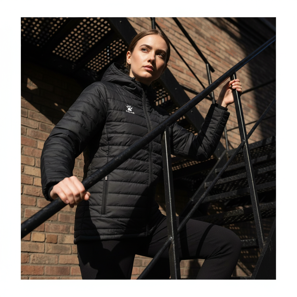 Chaqueta KELME Snow Negro en escalera met‡lica de emergencia
