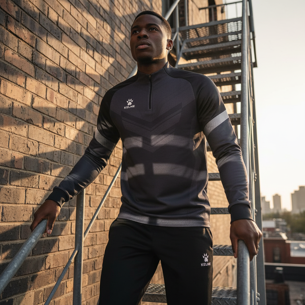 Sudadera KELME Warrior Gris en escalera met‡lica de emergencia