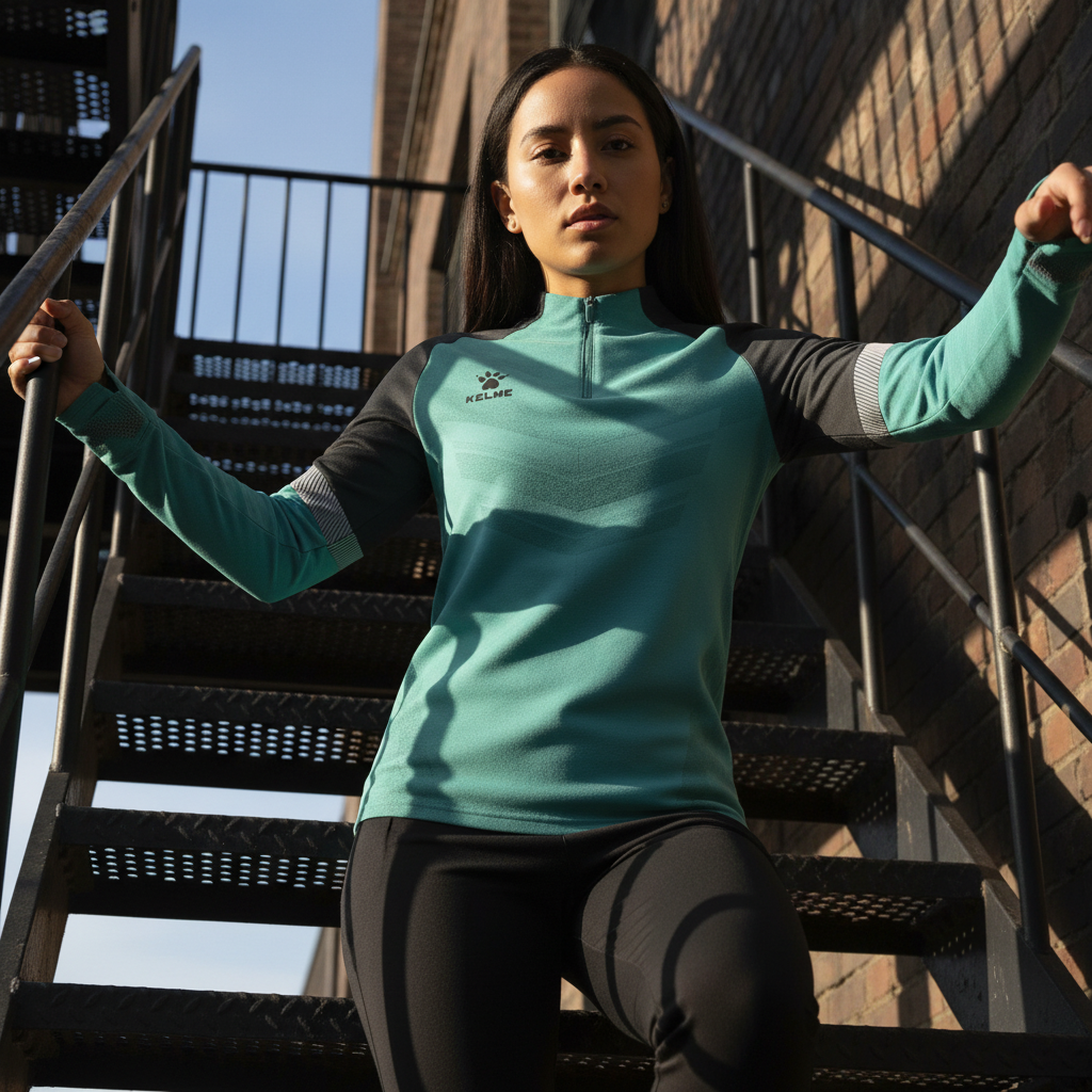 Sudadera KELME Warrior Verde en escalera met‡lica de emergencia