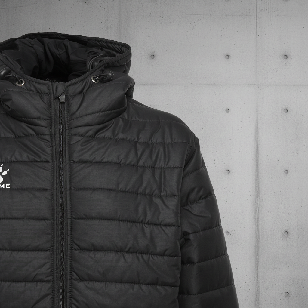 Chaqueta KELME Snow Negro sobre muro de hormig—n brutalista