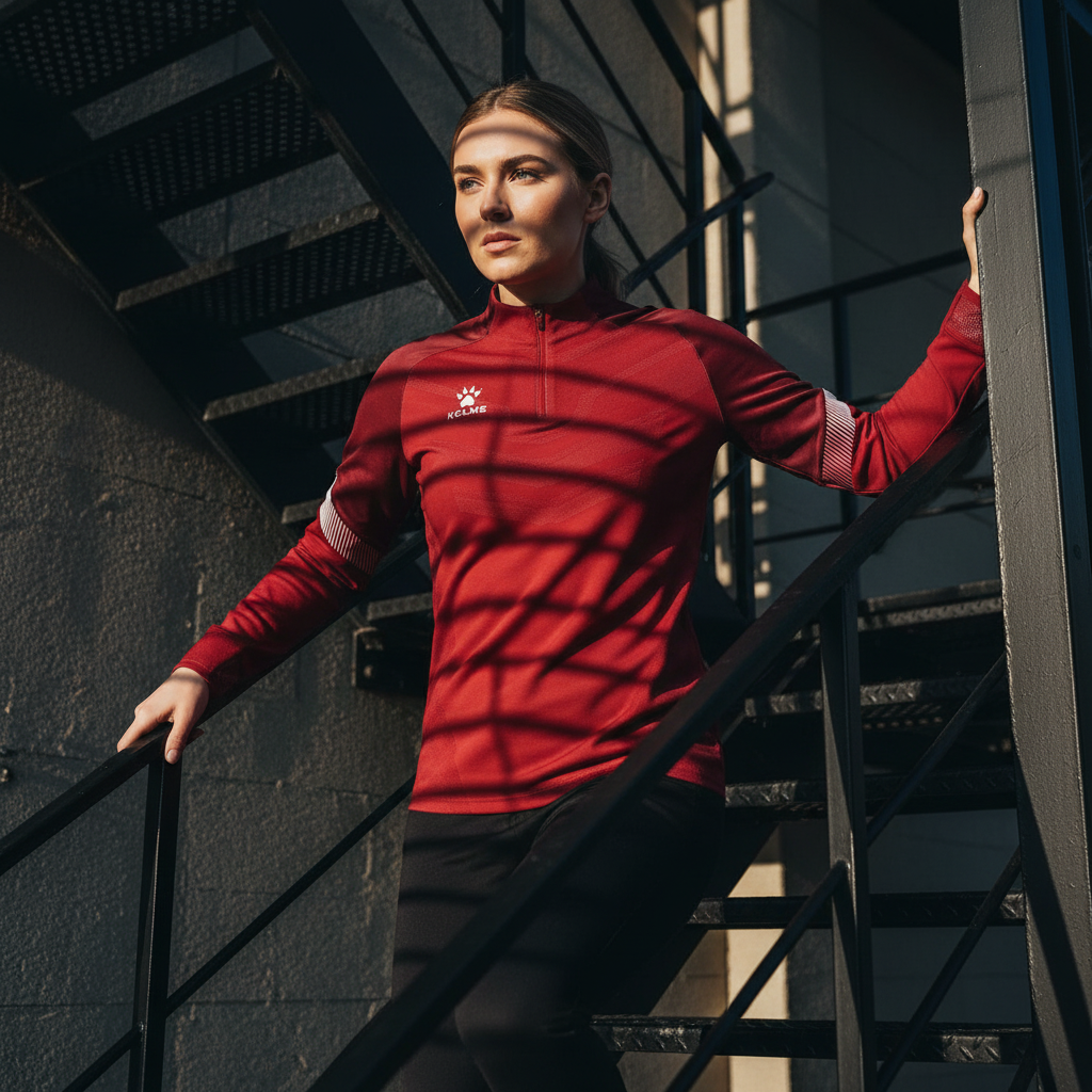 Sudadera KELME Warrior Rojo en escalera met‡lica de emergencia