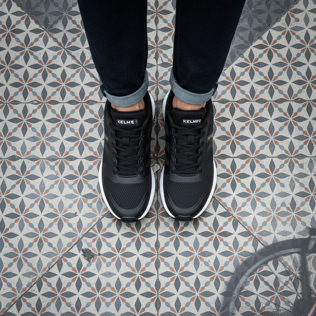 Zapatillas K-Rookie Negro en baldosa hidr‡ulica vista cenital